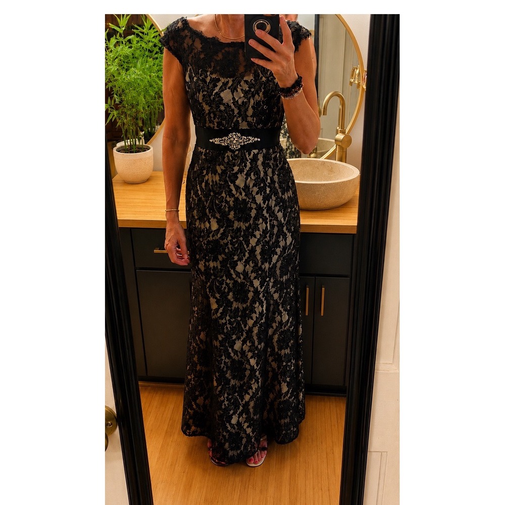 Alfred Angelo NWT Black Lace Nude Mermaid Formal Gown Rhinestone Belt Dress 4